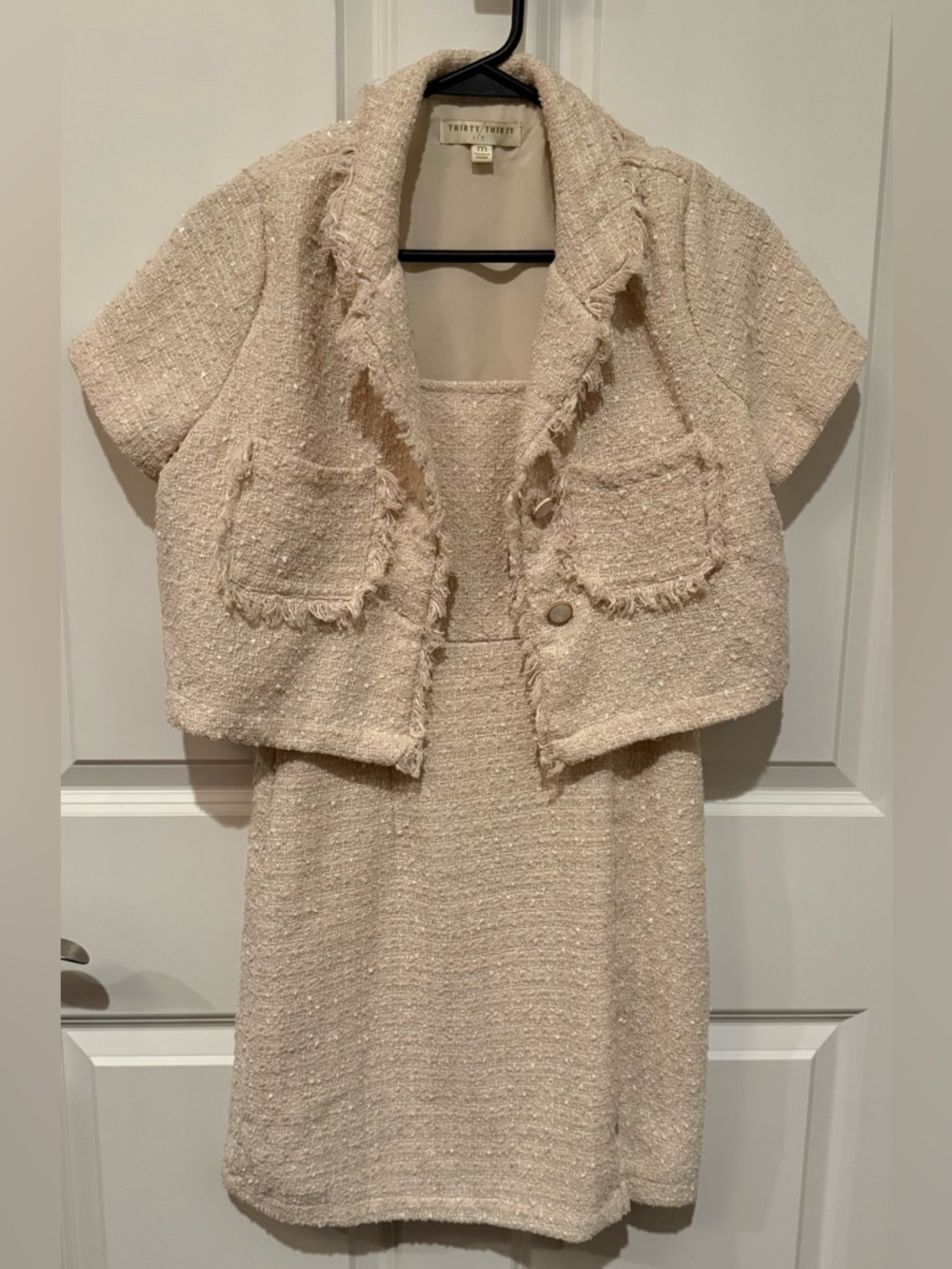 Textured Cream & Pink Mini Dress with Square Neckline and  Cropped Jacket Set